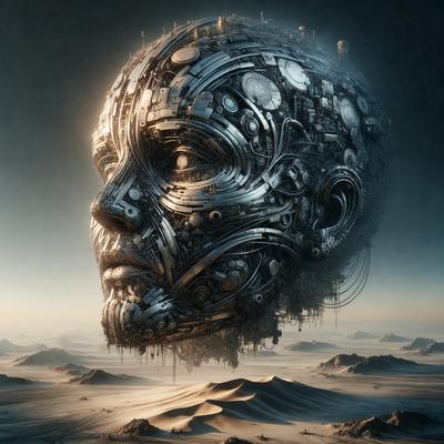 The primary subject of the image is a futuristic, mechanical head with a clock face on it. The setting is a desert-like environment, with a sky visible in the background. The visual style is a combination of digital art and illustration, creating a unique and intriguing scene. The colors and mood of the image are predominantly dark and moody, with the mechanical head and clock face adding a sense of mystery and intrigue to the overall atmosphere.